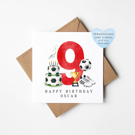 9th Birthday Card personalised football footy themed boys Red bday card number 9 with Envelope