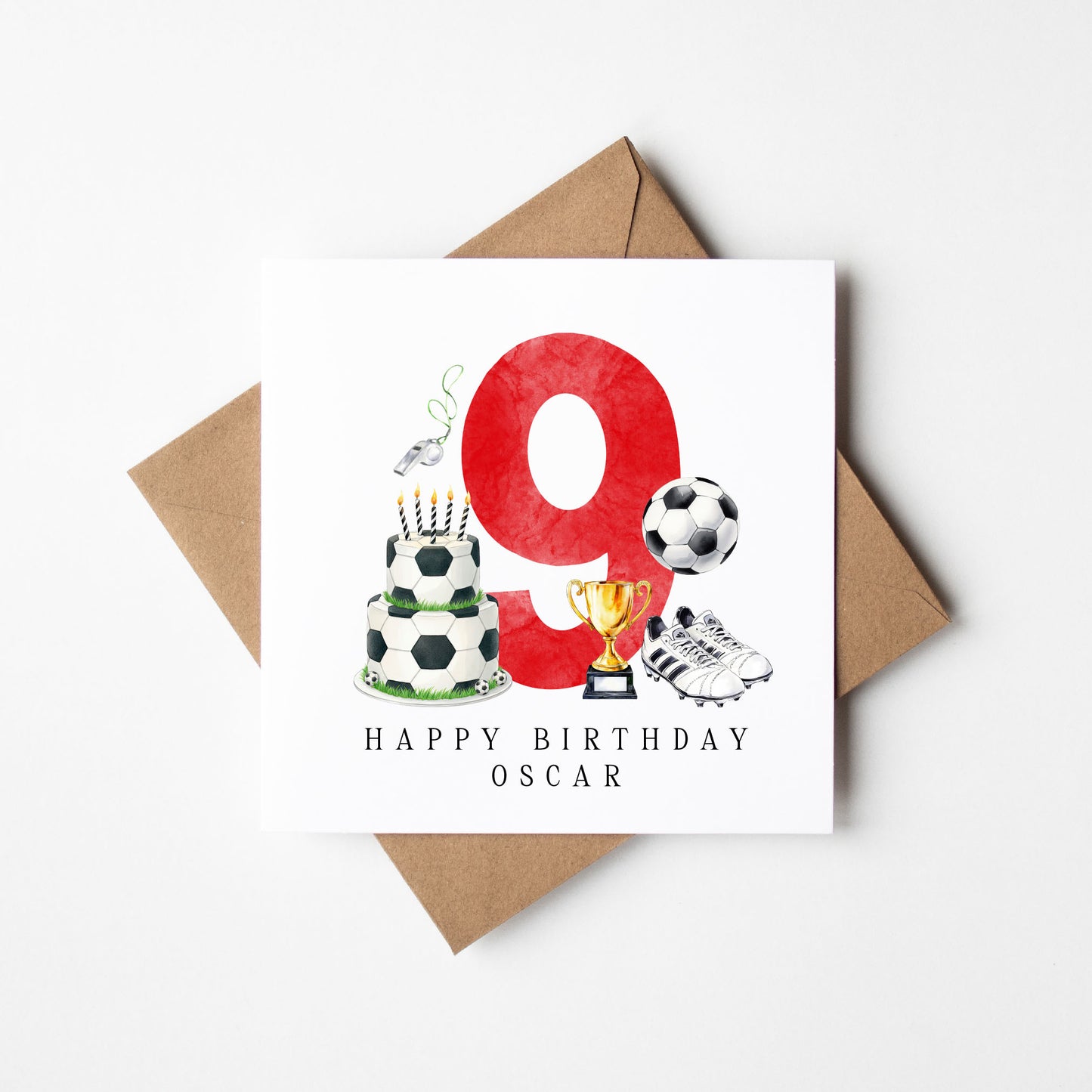 9th Birthday Card personalised football footy themed boys Red bday card number 9 with Envelope