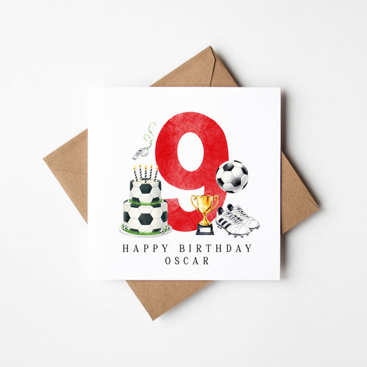 9th Birthday Card personalised football footy themed boys Red bday card number 9 with Envelope