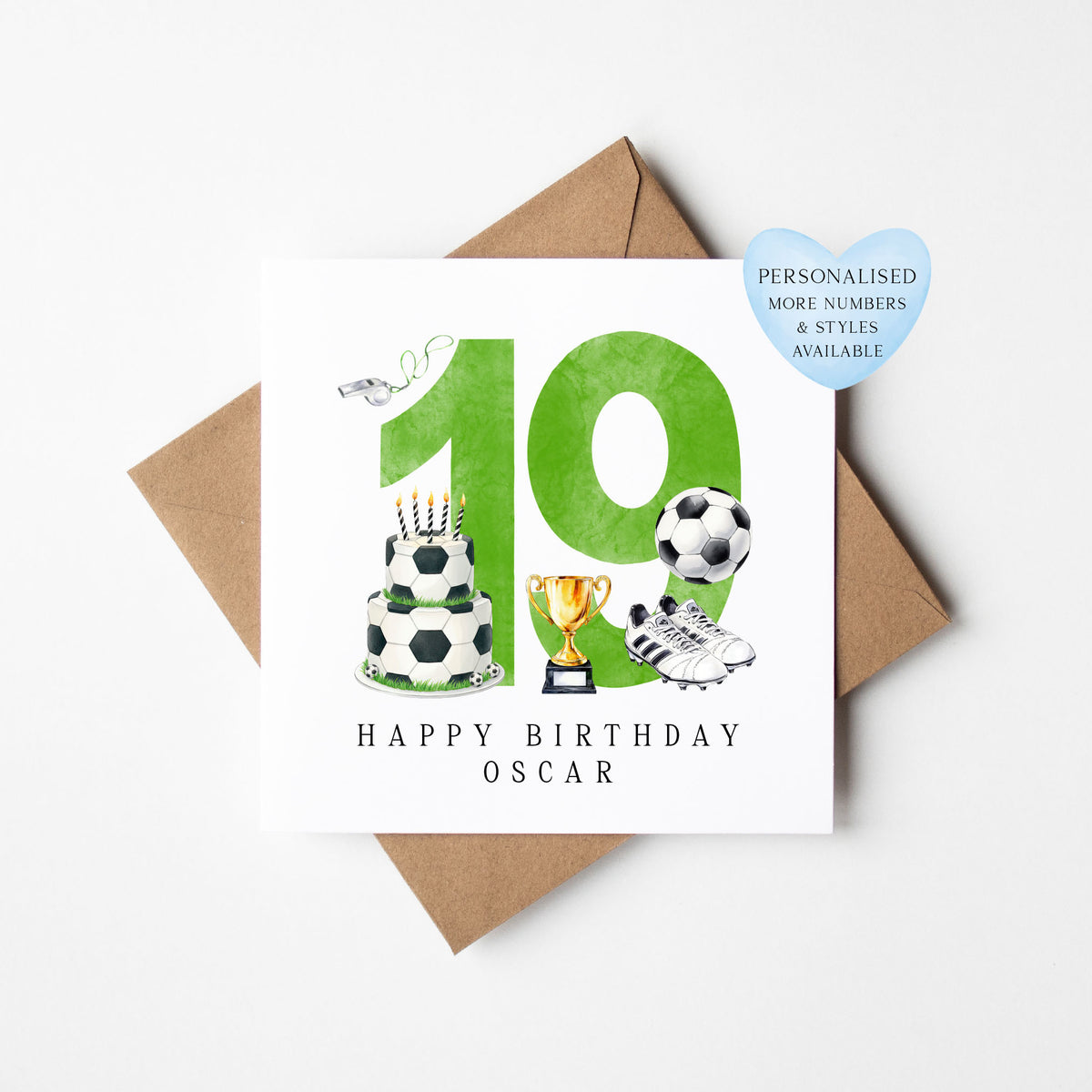 19th Birthday Card personalised football footy themed GREEN bday card number 19 with Envelope
