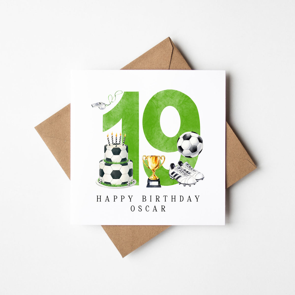 19th Birthday Card personalised football footy themed GREEN bday card number 19 with Envelope