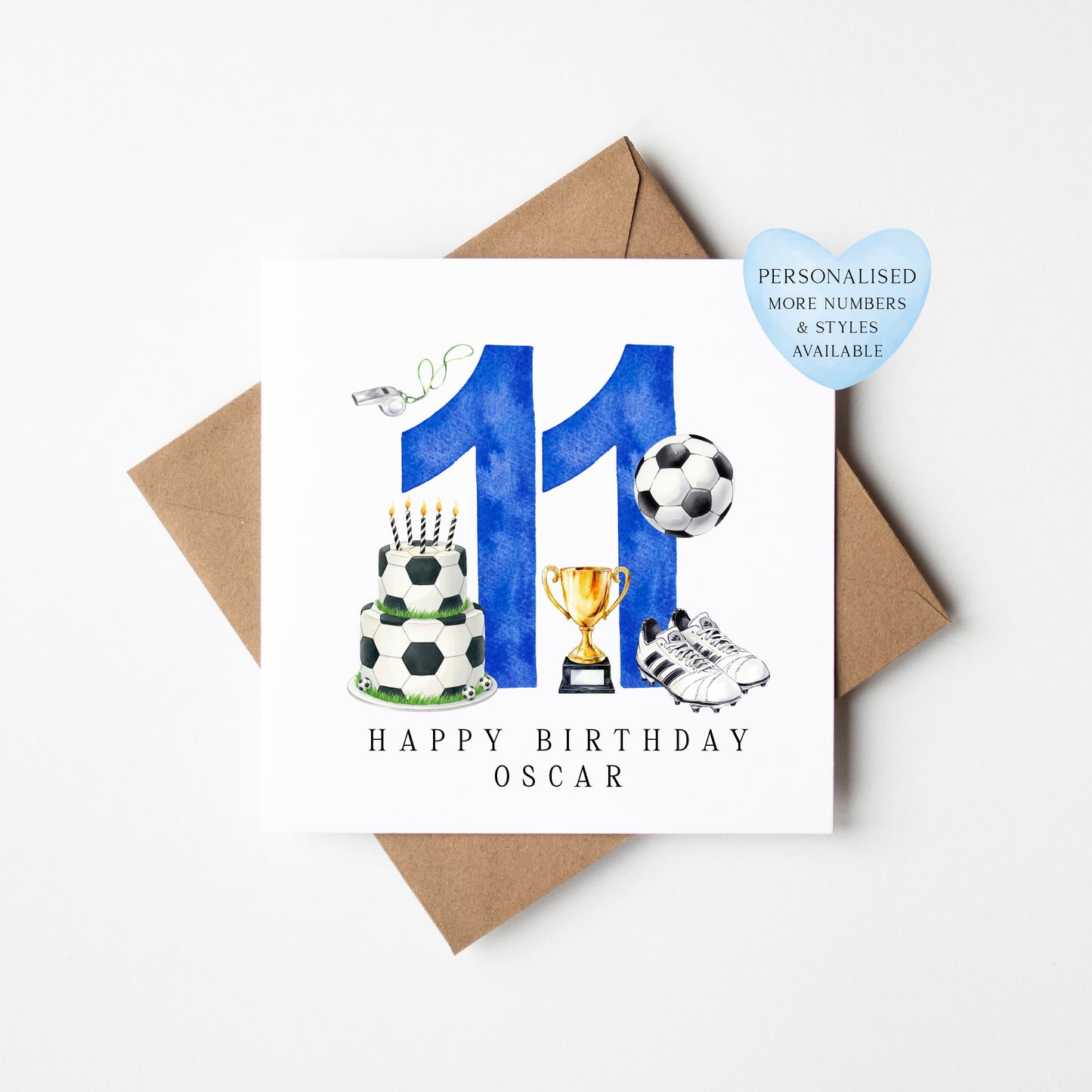 11th Birthday Card personalised football footy themed boys bday card number 11 with Envelope