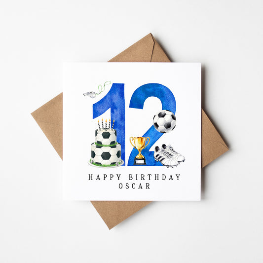12th Birthday Card personalised football footy themed boys bday card number 12 with Envelope