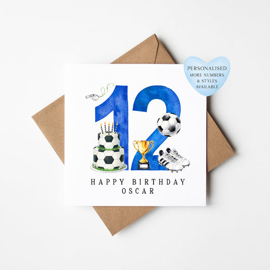 12th Birthday Card personalised football footy themed boys bday card number 12 with Envelope