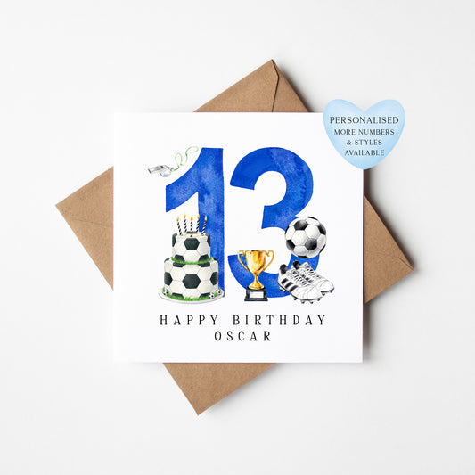 13th Birthday Card personalised football footy themed boys bday card number 13 with Envelope