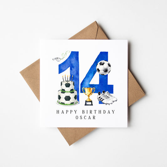 14th Birthday Card personalised football footy themed boys bday card number 14 with Envelope