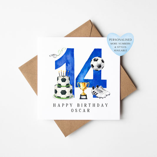 14th Birthday Card personalised football footy themed boys bday card number 14 with Envelope