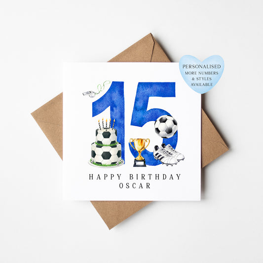15th Birthday Card personalised football footy themed boys bday card number 15 with Envelope