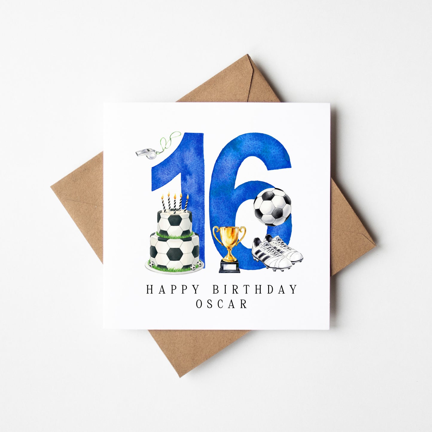 16th Birthday Card personalised football footy themed boys bday card number 16 with Envelope