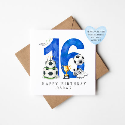 16th Birthday Card personalised football footy themed boys bday card number 16 with Envelope