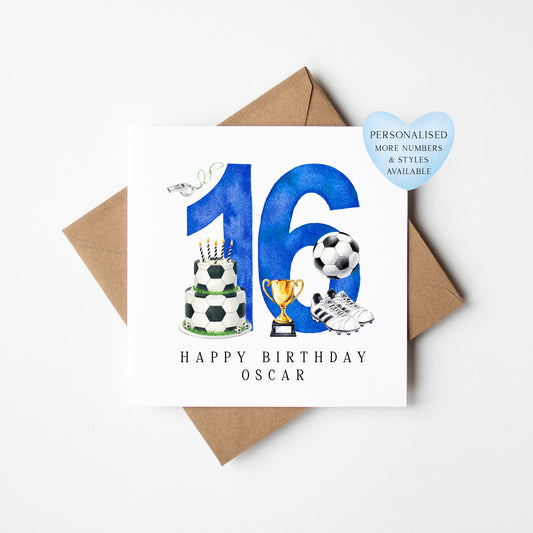 16th Birthday Card personalised football footy themed boys bday card number 16 with Envelope