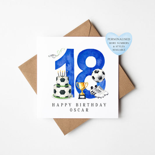 18th Birthday Card personalised football footy themed bday card number 18 with Envelope