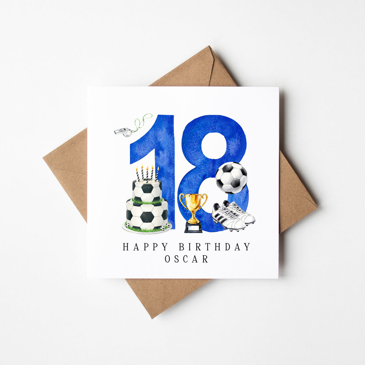 18th Birthday Card personalised football footy themed bday card number 18 with Envelope