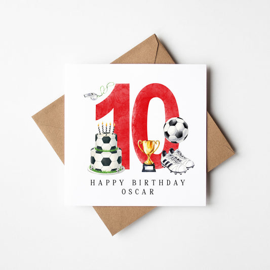 10th Birthday Card personalised football footy themed boys Red bday card number 10 with Envelope