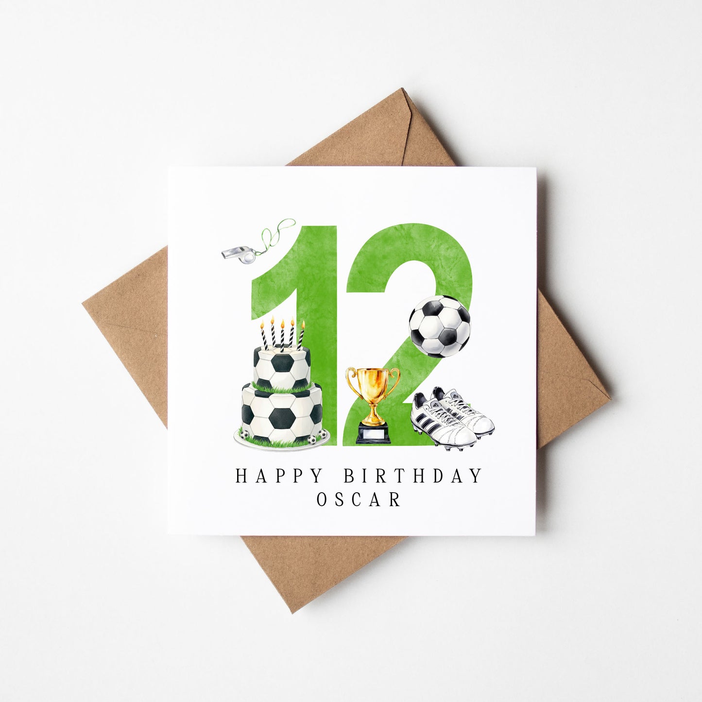 12th Birthday Card personalised football footy themed boys Green bday card number 12 with Envelope