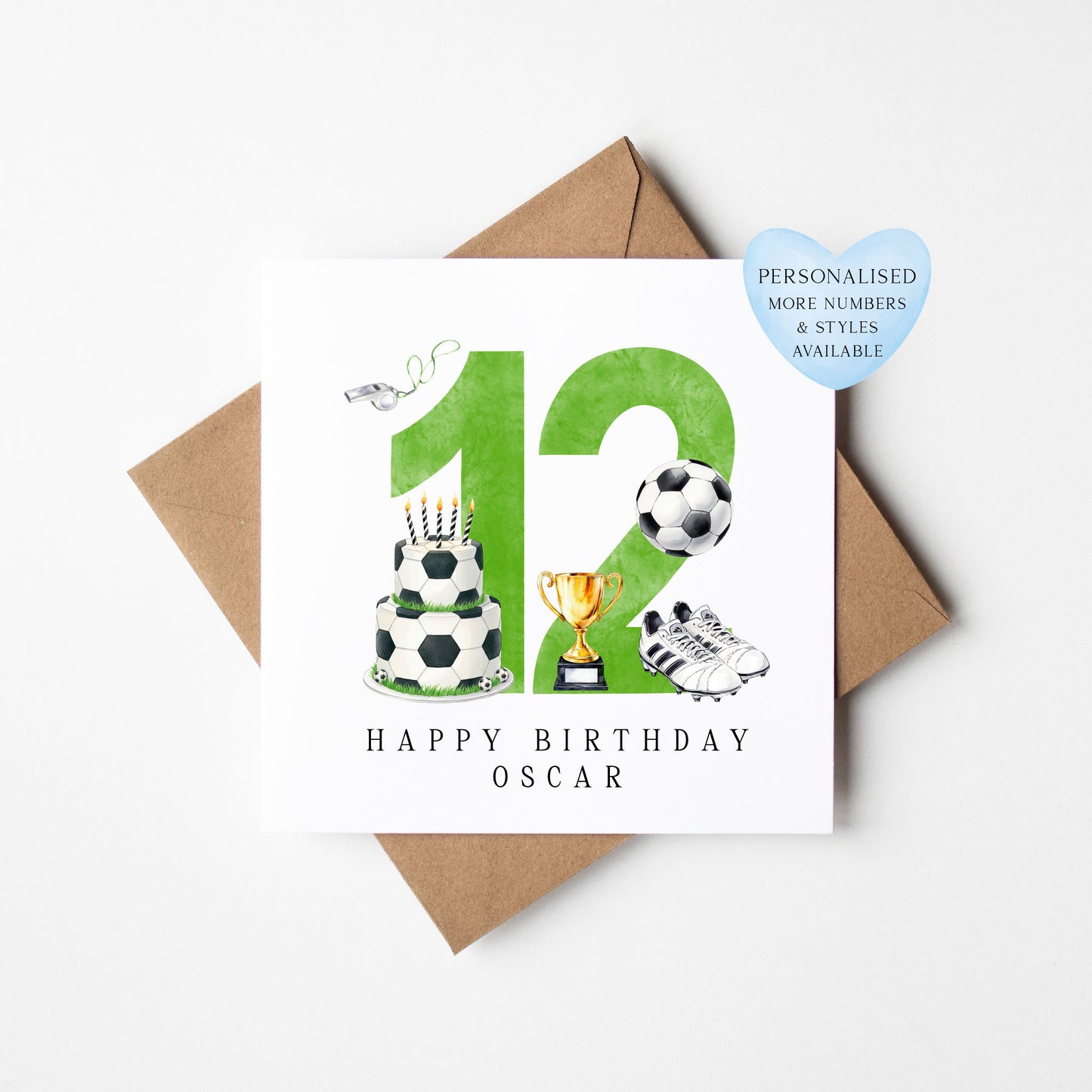 12th Birthday Card personalised football footy themed boys Green bday card number 12 with Envelope