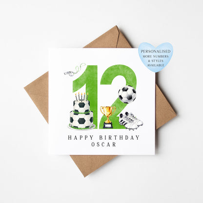 12th Birthday Card personalised football footy themed boys Green bday card number 12 with Envelope