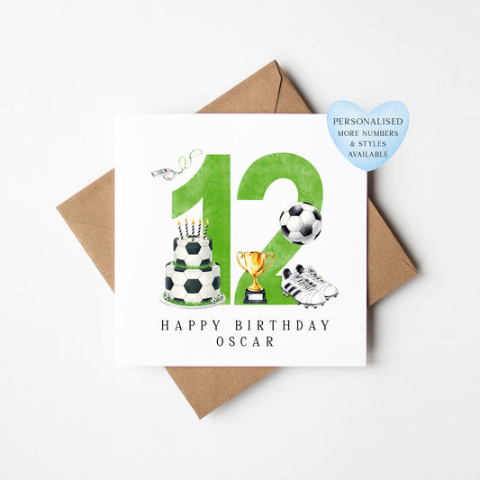 12th Birthday Card personalised football footy themed boys Green bday card number 12 with Envelope