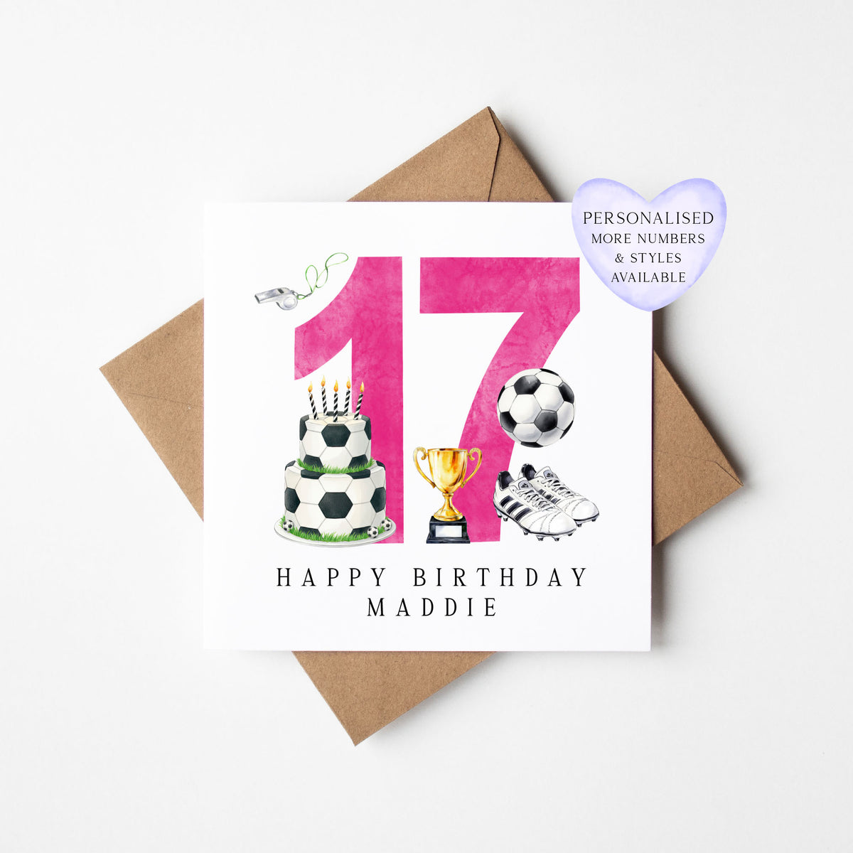 17th Birthday Card personalised pink football footy themed bday card number 17 with Envelope