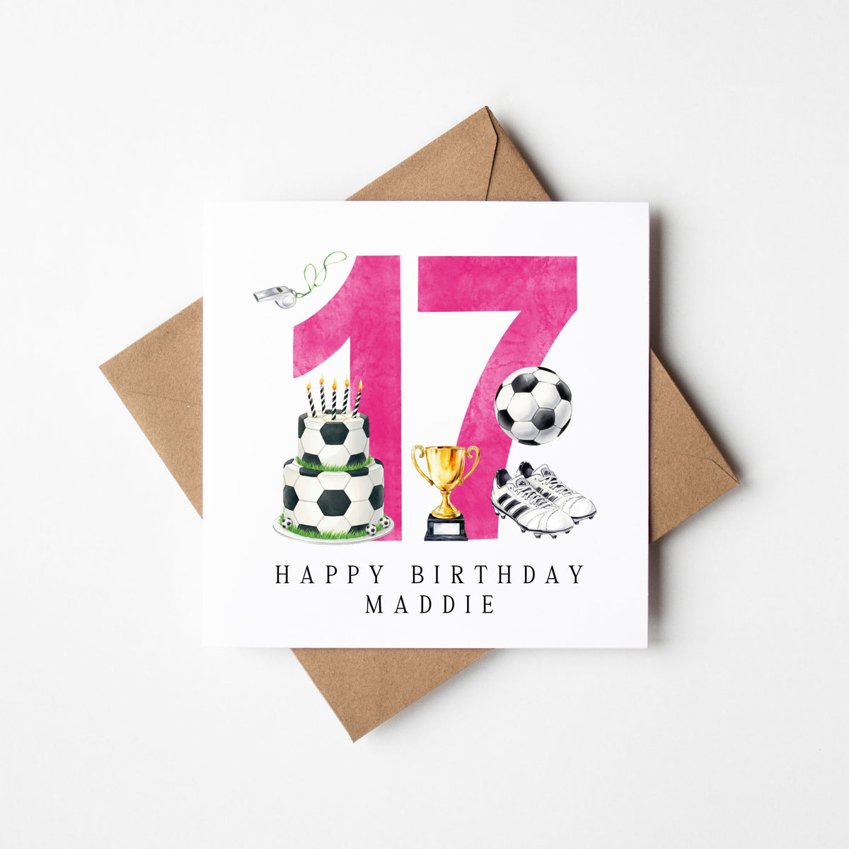 17th Birthday Card personalised pink football footy themed bday card number 17 with Envelope