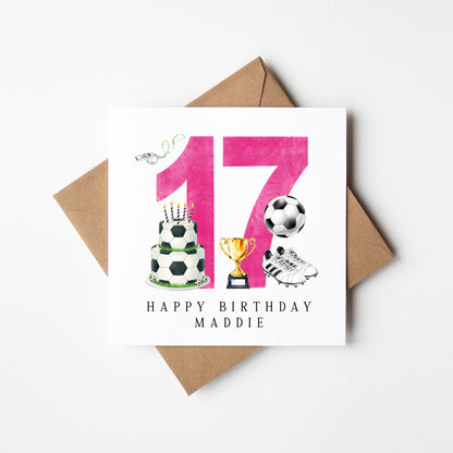 17th Birthday Card personalised pink football footy themed bday card number 17 with Envelope