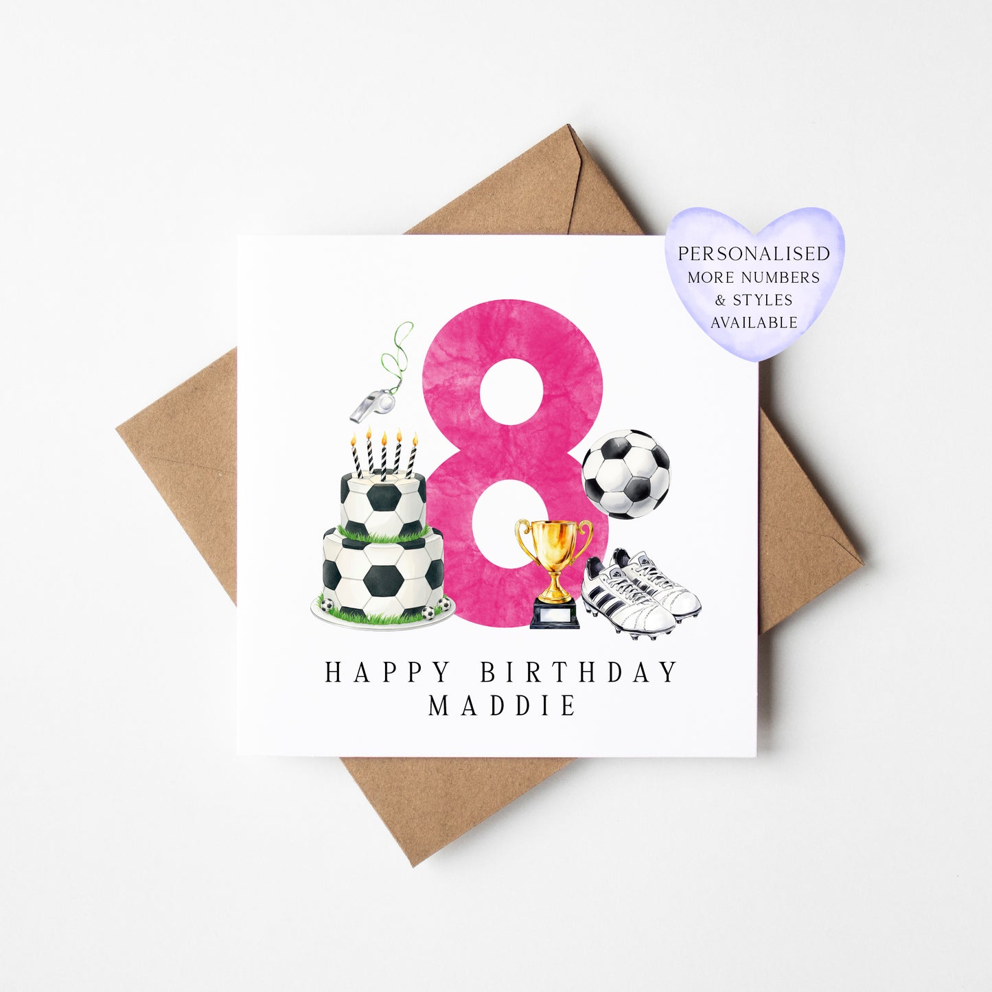 8th Birthday Card personalised pink football footy themed bday card number 8 with Envelope