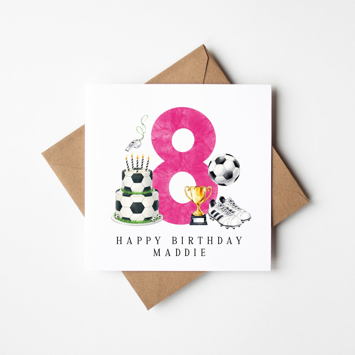 8th Birthday Card personalised pink football footy themed bday card number 8 with Envelope