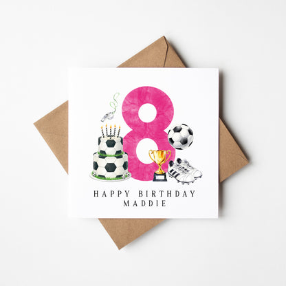 8th Birthday Card personalised pink football footy themed bday card number 8 with Envelope