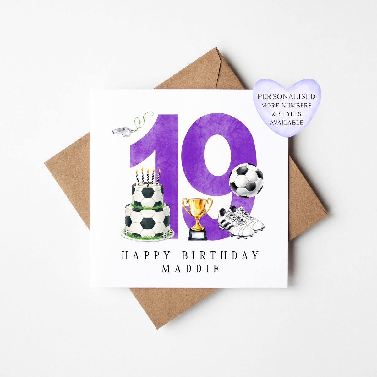 19th Birthday Card personalised purple football footy themed bday card number 19 with Envelope