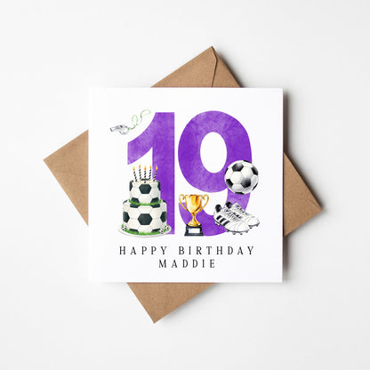 19th Birthday Card personalised purple football footy themed bday card number 19 with Envelope