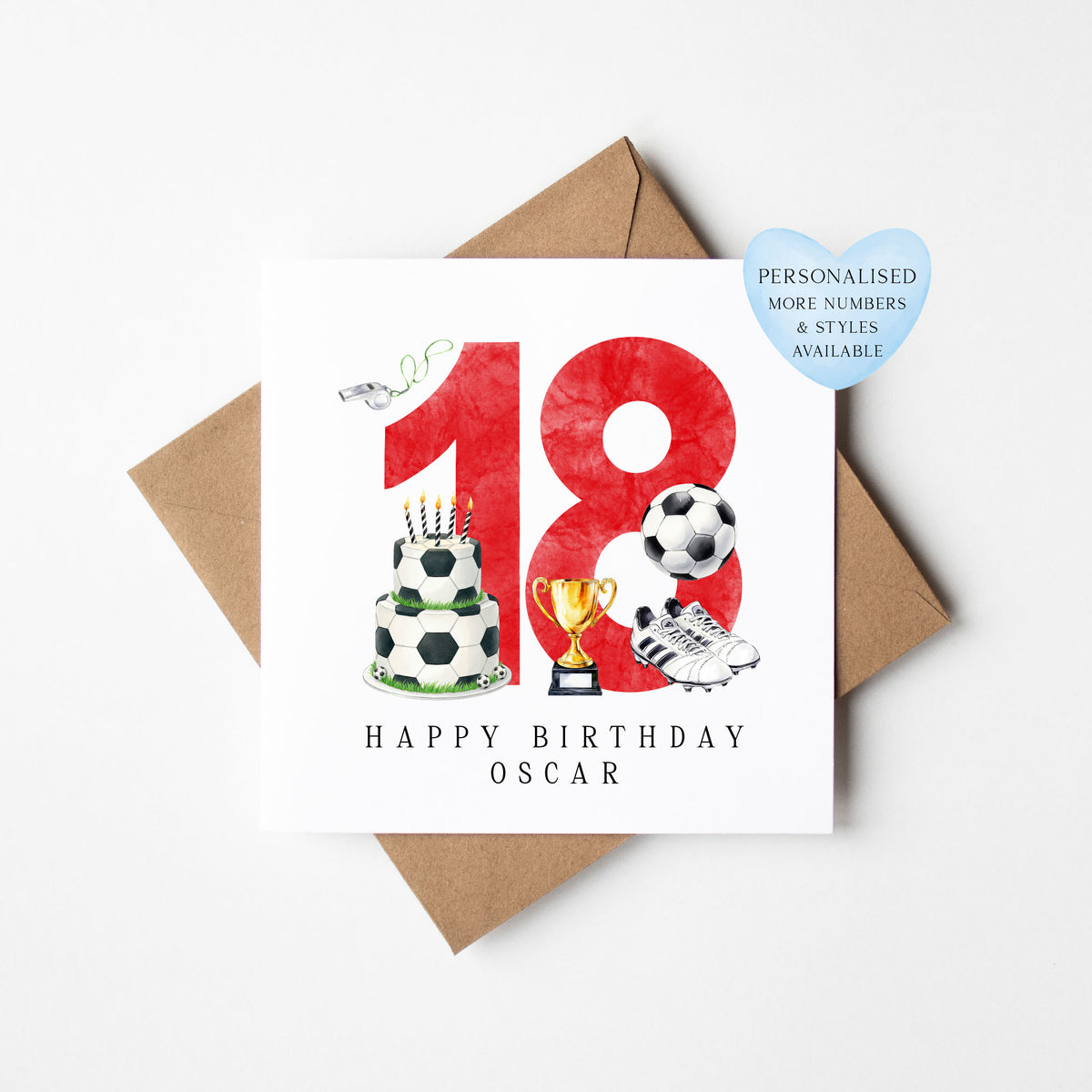 18th Birthday Card personalised football footy themed RED bday card number 18 with Envelope