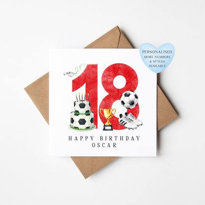 18th Birthday Card personalised football footy themed RED bday card number 18 with Envelope