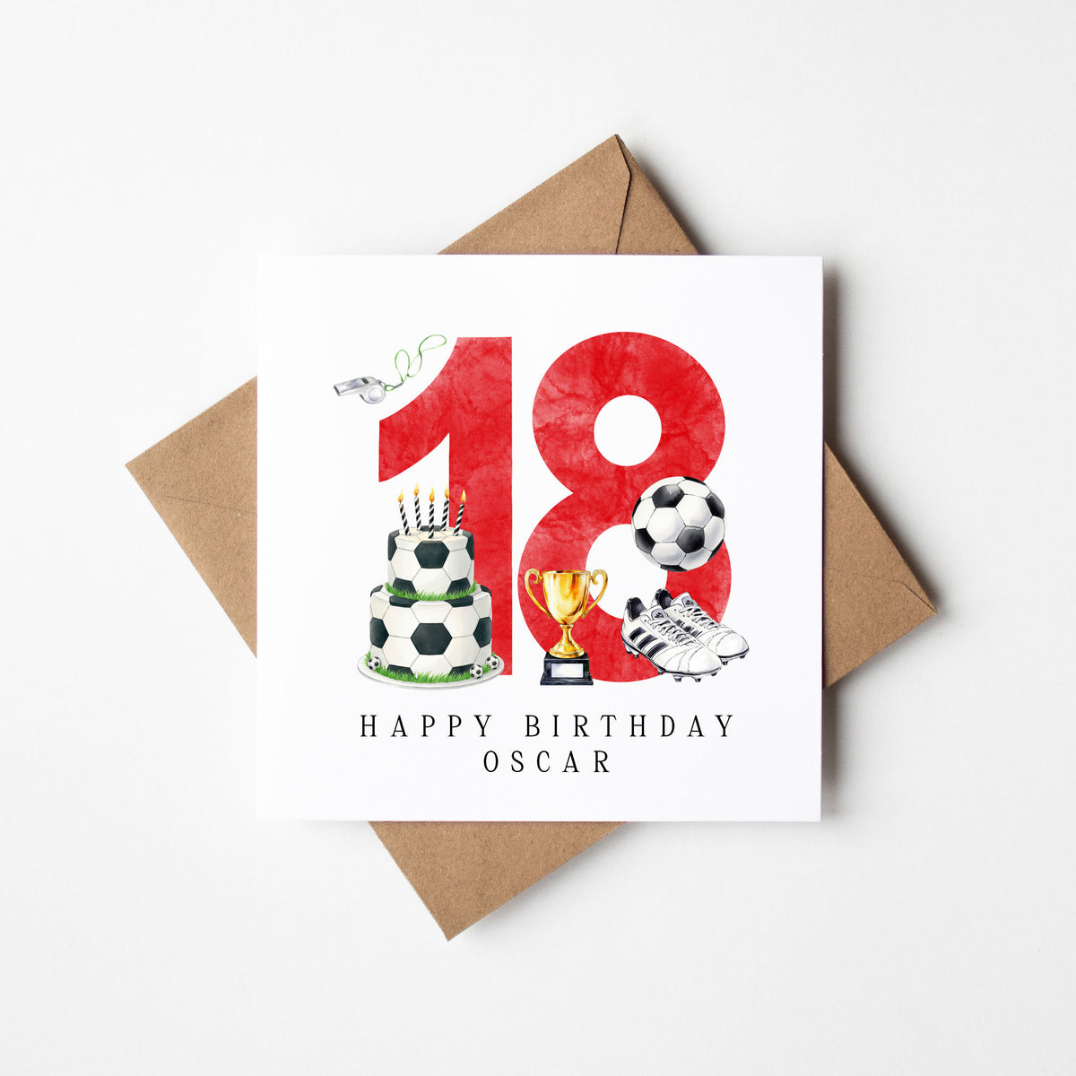 18th Birthday Card personalised football footy themed RED bday card number 18 with Envelope