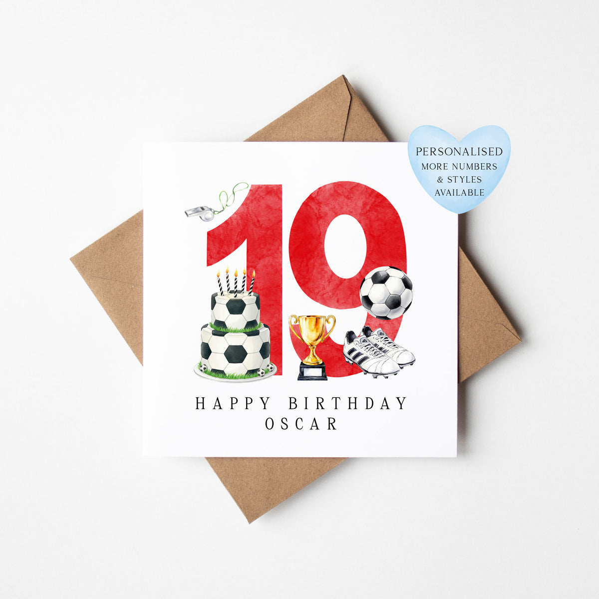 19th Birthday Card personalised football footy themed RED bday card number 19 with Envelope