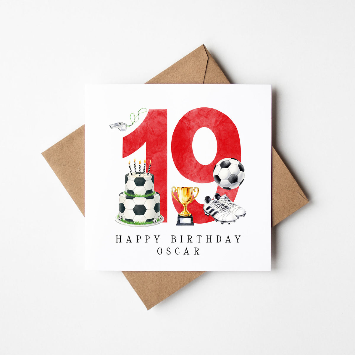 19th Birthday Card personalised football footy themed RED bday card number 19 with Envelope