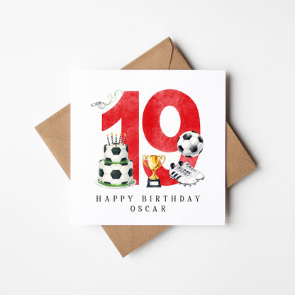 19th Birthday Card personalised football footy themed RED bday card number 19 with Envelope