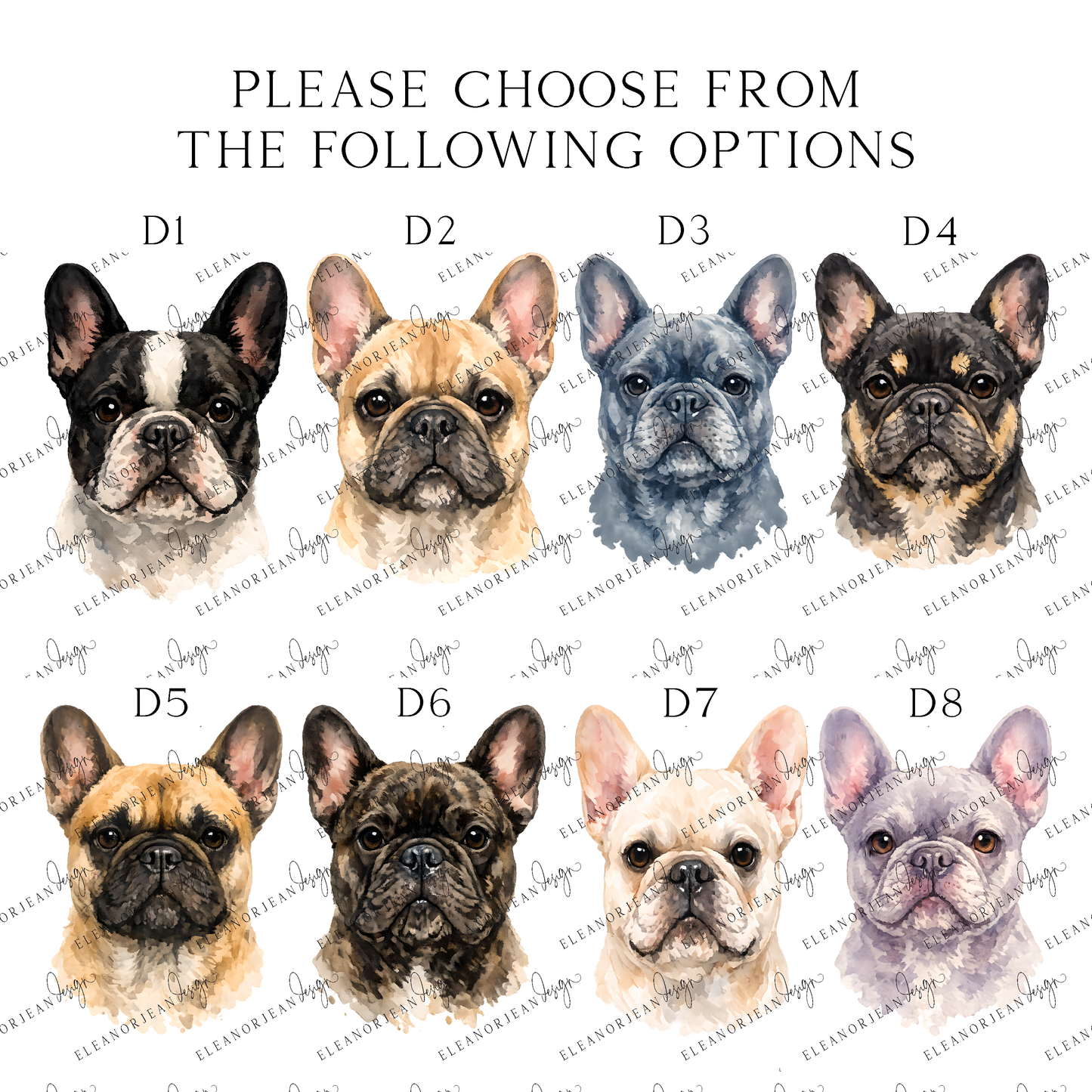 Personalised French Bulldog  Print Custom Frenchie Name Pet portrait - 8 colours, unframed wall art