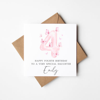 Personalised 4th Butterfly Birthday Card Watercolour  Number 4, Daughter, sister, friend with Kraft Envelope