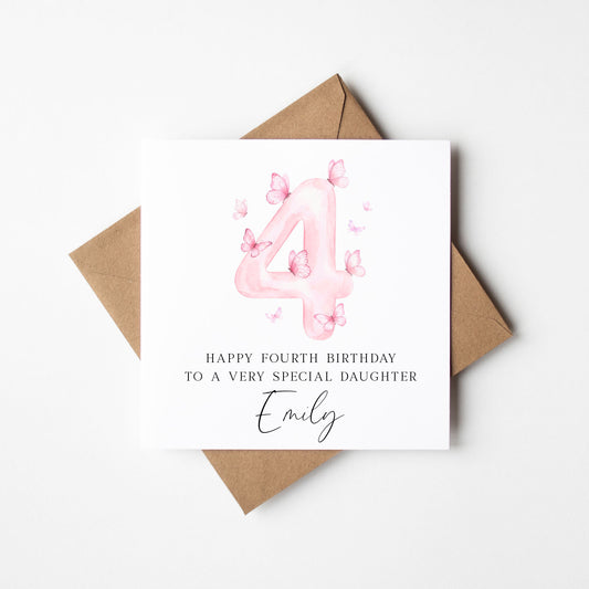 Personalised 4th Butterfly Birthday Card Watercolour  Number 4, Daughter, sister, friend with Kraft Envelope