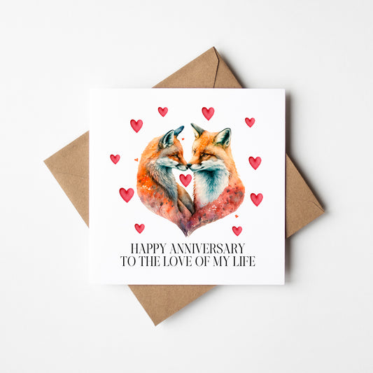 Anniversary card Foxes animal couples red love hearts with card envelope
