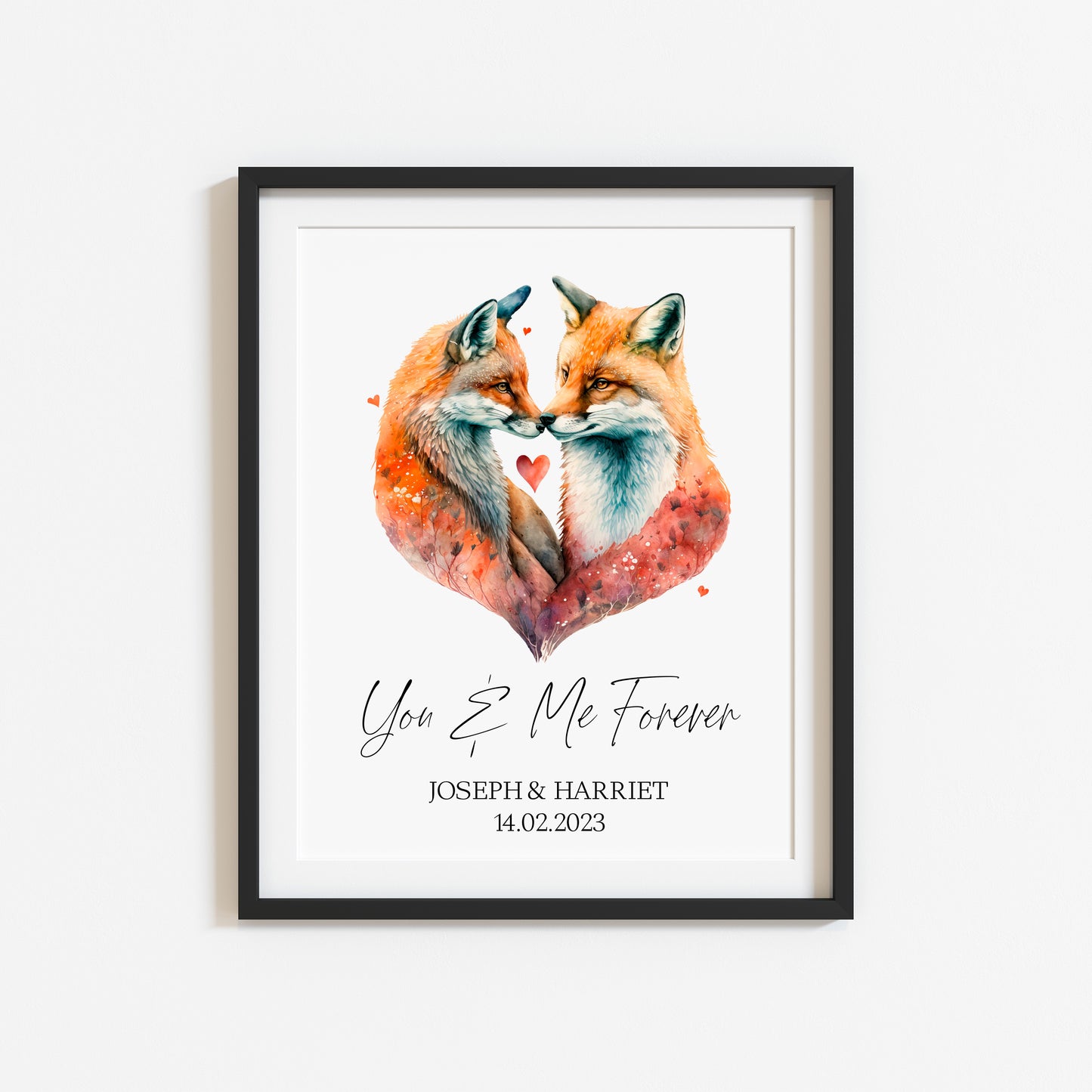 You & me forever, personalised couples foxes, watercolour animal drawing unframed wall art printunframed wall art poster print