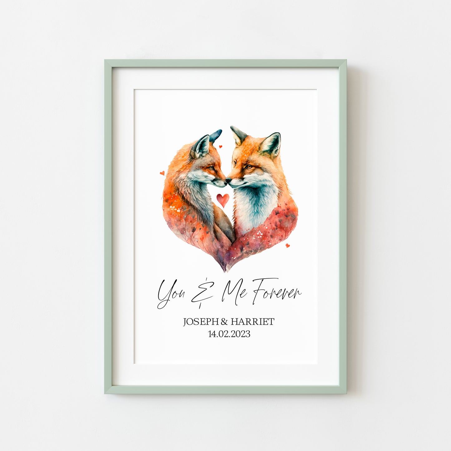 You & me forever, personalised couples foxes, watercolour animal drawing unframed wall art printunframed wall art poster print