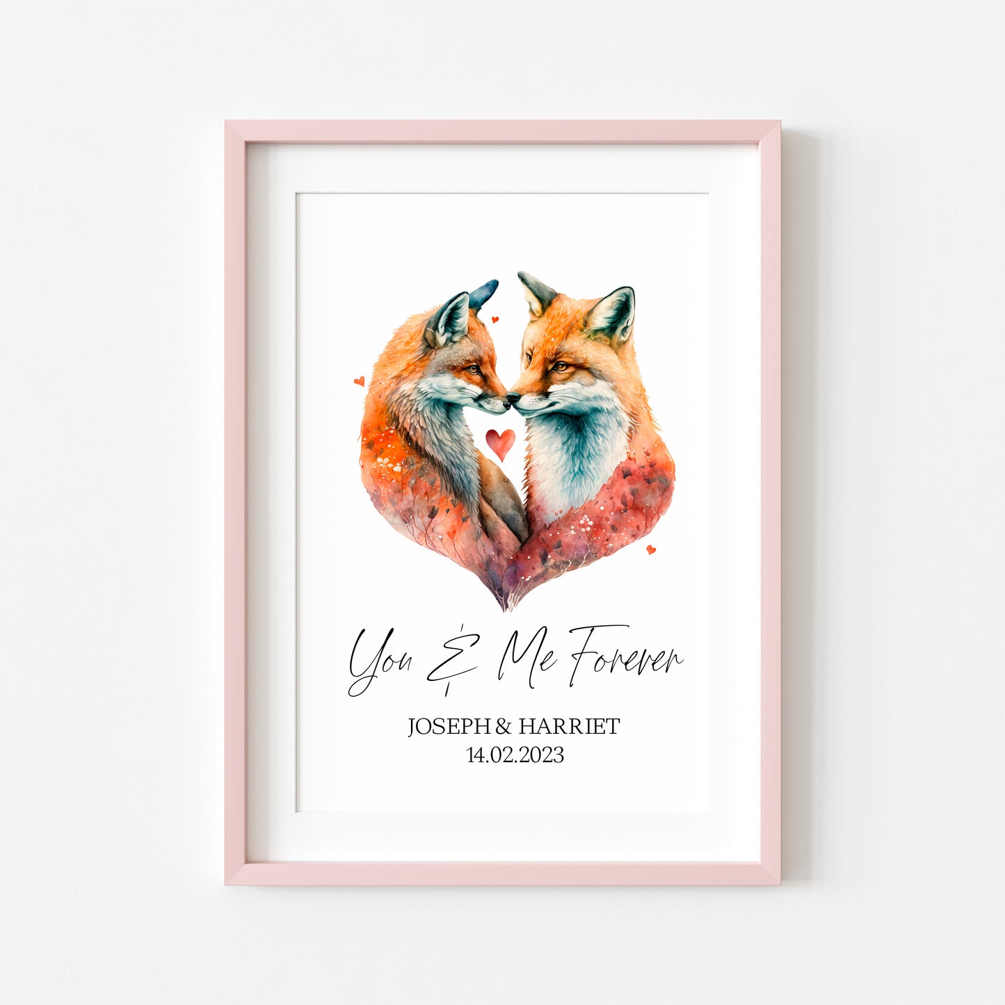 You & me forever, personalised couples foxes, watercolour animal drawing unframed wall art printunframed wall art poster print