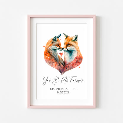 You & me forever, personalised couples foxes, watercolour animal drawing unframed wall art printunframed wall art poster print