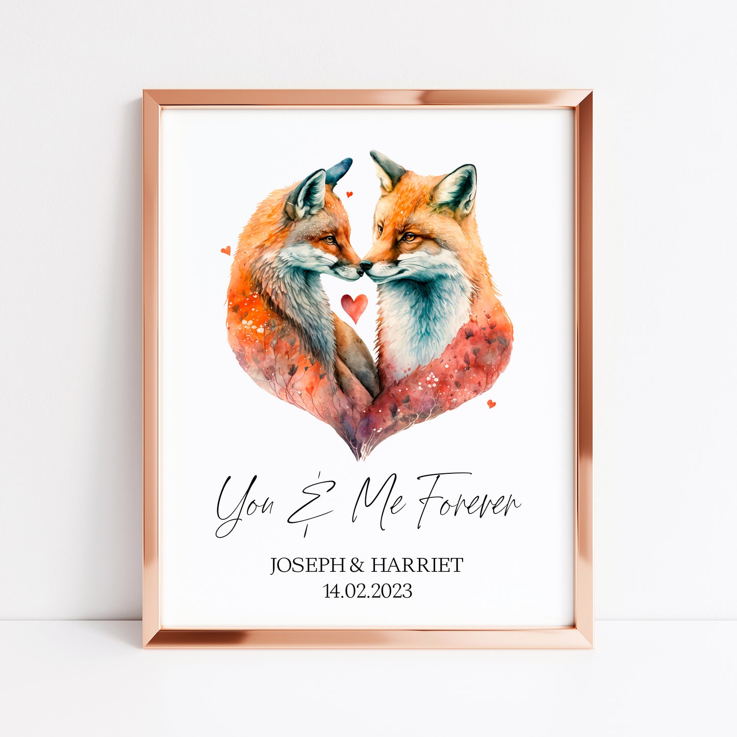 You & me forever, personalised couples foxes, watercolour animal drawing unframed wall art printunframed wall art poster print