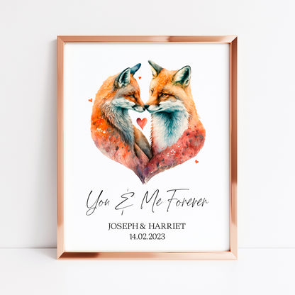 You & me forever, personalised couples foxes, watercolour animal drawing unframed wall art printunframed wall art poster print