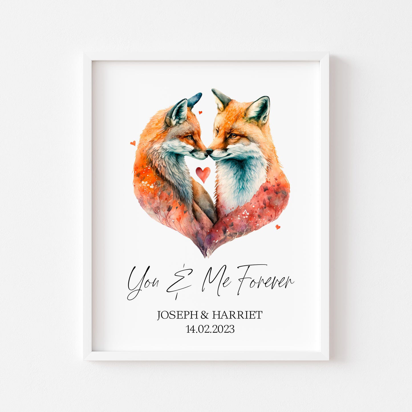 You & me forever, personalised couples foxes, watercolour animal drawing unframed wall art printunframed wall art poster print