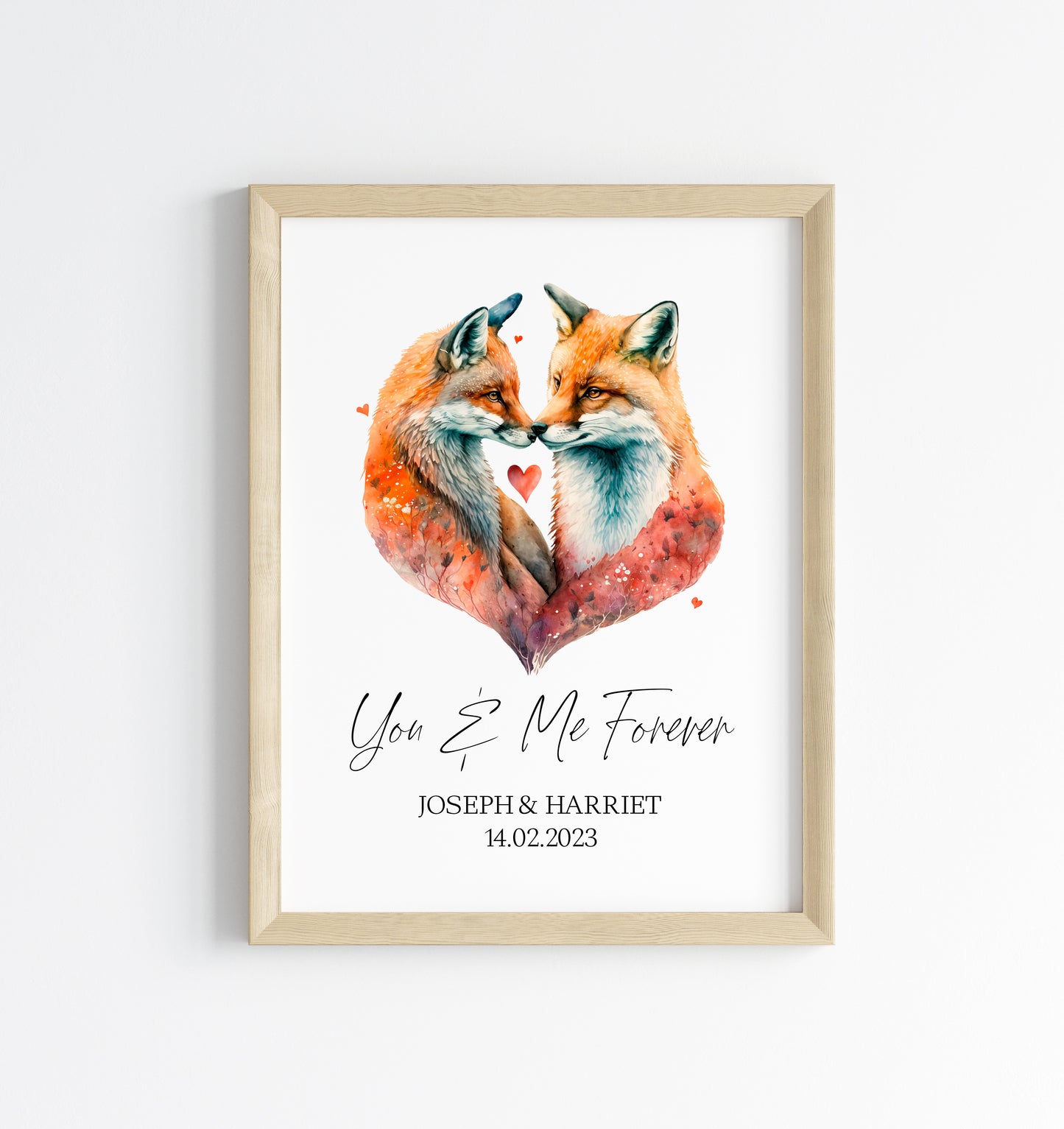 You & me forever, personalised couples foxes, watercolour animal drawing unframed wall art printunframed wall art poster print