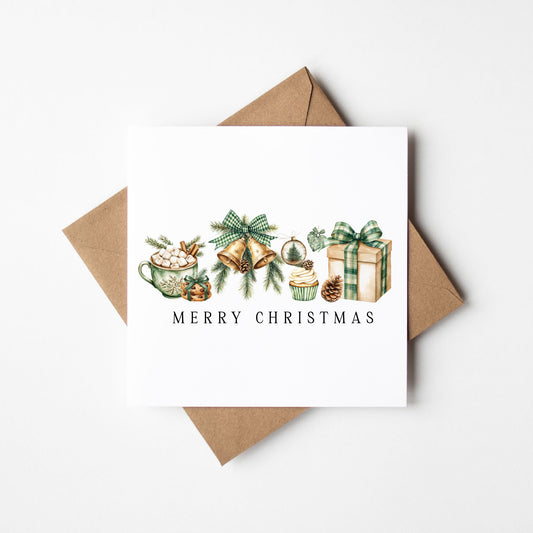Christmas Card Green Xmas Goodies watercolour unique card (with Envelope)