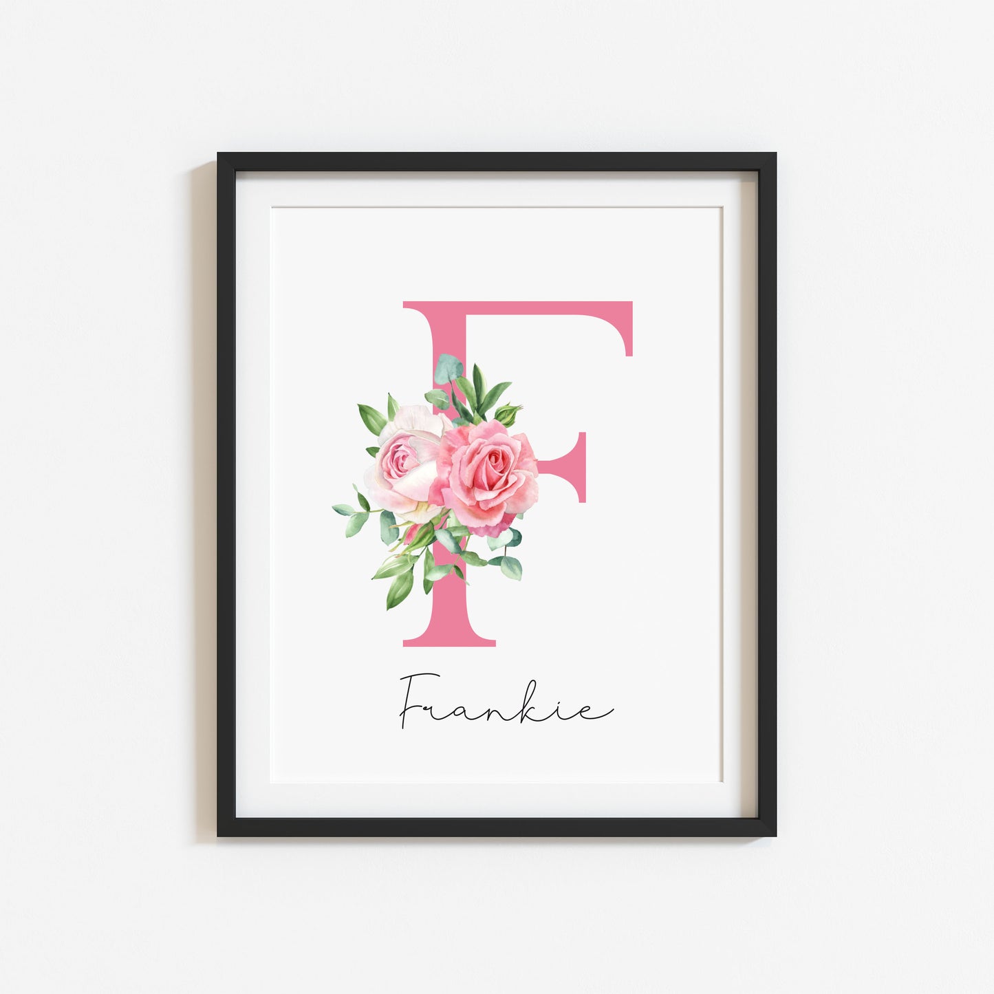 Personalised pink roses floral initial name print, bedroom nursery home unframed wall art poster print, initial print, floral nursery print